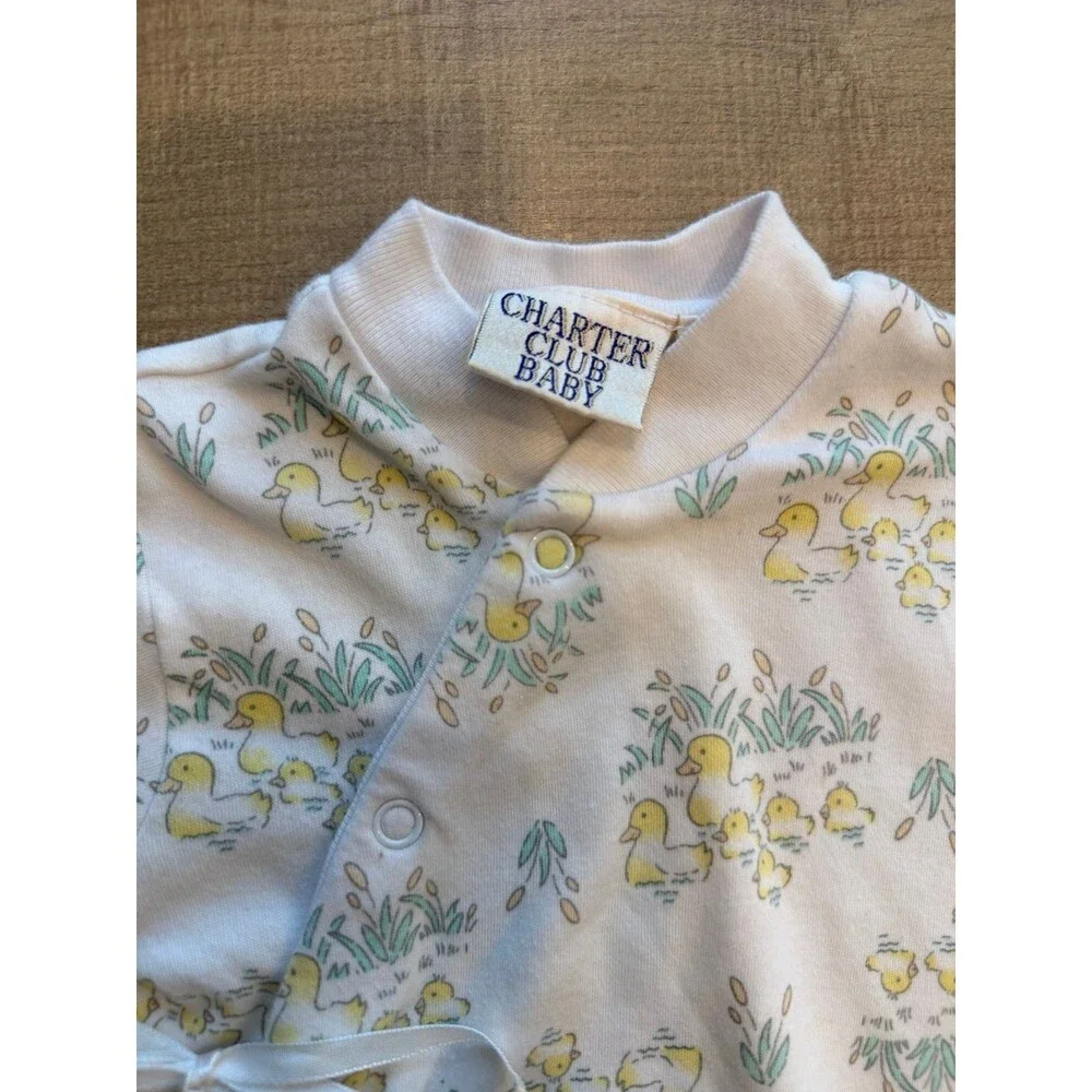 Vintage Charter Club Baby Duck Print Wrap Romper White Yellow Cotton Infant